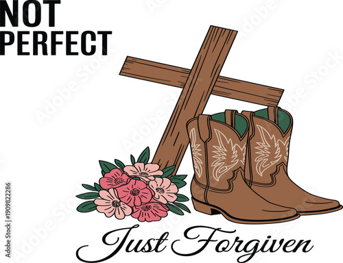 Christian faith illustration, rustic wooden cross, cowboy boots and flowers, forgiveness message, religious inspirational western themed spiritual artwork