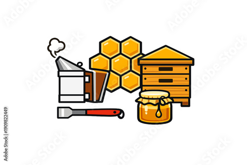 A collection of beekeeping equipment illustrations including a wooden beehive, a honeycomb, a jar of honey, a smoker, and a hive tool, all set against a solid black background.
