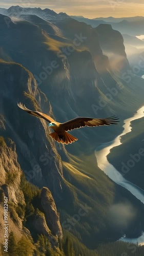Golden Eagle Gliding Above Mountain Valley