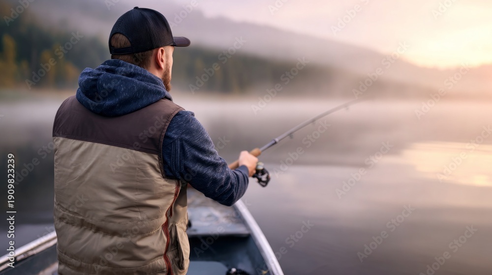 Obraz premium Man fishing from boat on a misty lake at sunrise, enjoying morning tranquility and nature's calm