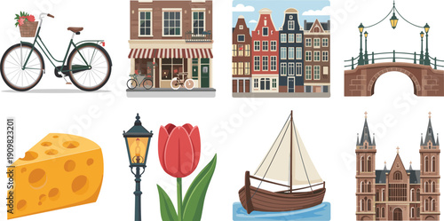 Dutch culture illustration set with bicycle canal houses bridge cheese tulip sailboat church landmarks, colorful flat design isolated white background
