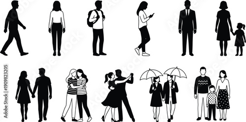 Silhouettes and Illustrations of People Walking, Standing, Dancing, and Couples with Families for Lifestyle and Urban Community Design Projects