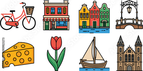 Dutch culture illustration set with bicycle canal houses bridge cheese tulip sailboat church landmarks, colorful flat design isolated white background