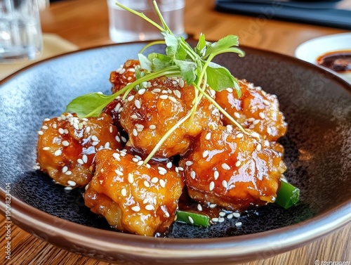 General Tso's chicken served in a black bowl garnished with sesame seeds and fresh herbs on a wooden table with a blurred background