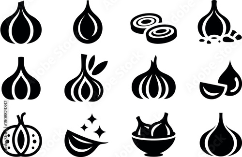 Collection of diverse black and white iconographic representations of garlic bulbs and cloves for culinary use