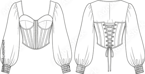 Cad drawing flat vector illustration of fashionable women’s corset top with puffed sleeves, lace back, zipper front, structured design