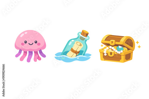 A set of three cute cartoon icons featuring a pink smiling jellyfish, a message in a glass bottle floating on water, and an open wooden treasure chest filled with gold and jewels.