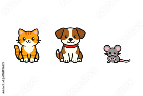 Obraz na plátně A cute cartoon illustration featuring an orange tabby cat, a brown and white dog with a red collar, and a small grey mouse sitting together on a solid black background