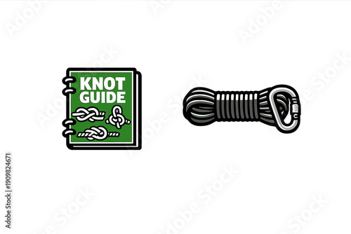 An illustration of a green knot guide book alongside a coiled rope and a carabiner. The book features knot diagrams on its cover, set against a solid black background.