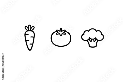 A minimalist set of three vegetable icons featuring a carrot, a tomato, and broccoli rendered in simple white line art against a solid black background for a clean look.