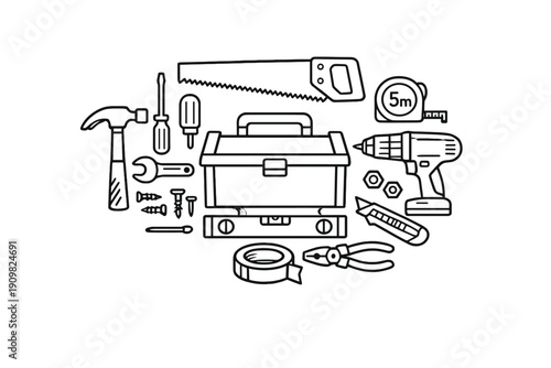 This black and white illustration features a variety of common hand and power tools like a hammer, saw, and drill surrounding a central toolbox for home improvement projects.