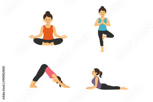 A set of four cartoon illustrations featuring a woman practicing various yoga poses including lotus, tree, downward dog, and cobra on a solid black background.