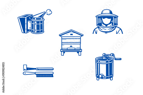 A blue and white illustration featuring various beekeeping tools and equipment, including a smoker, beehive, protective suit, honey extractor, hive tool, and a bee brush.
