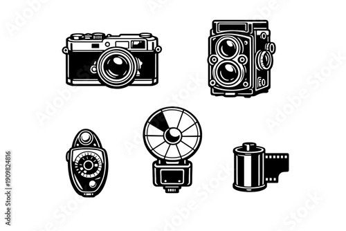 A collection of white graphic icons depicting vintage photography equipment including a rangefinder camera, a twin-lens reflex camera, a light meter, a flash and a roll of film on a black background.