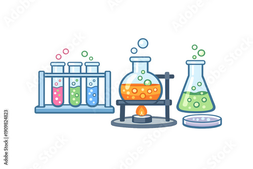 A colorful vector illustration of laboratory equipment including test tubes in a rack, a round-bottom flask over a burner, an Erlenmeyer flask, and a petri dish with bubbling liquids.