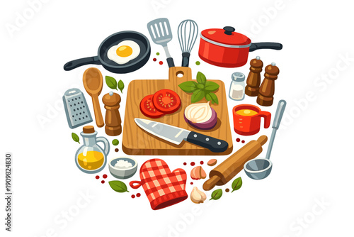 A vibrant illustration of various kitchen utensils and fresh ingredients like tomatoes, onions, and garlic arranged around a wooden cutting board on a black background.