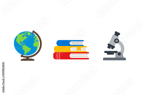 This graphic shows a world globe, a stack of blue, yellow, and red books, and a grey microscope. The educational icons are set against a plain black background in a flat style.