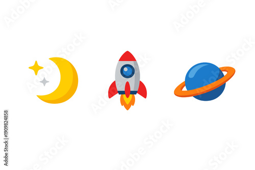 A set of three flat vector icons depicting a yellow crescent moon, a red rocket ship launching, and a blue planet with orange rings, all set against a solid black background.