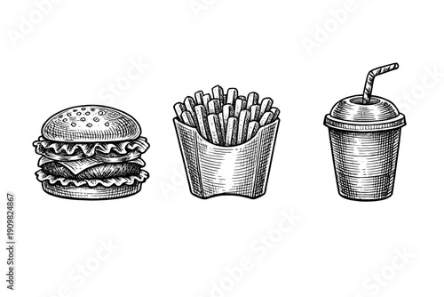 A hand-drawn vintage engraving style illustration of a classic fast food meal featuring a hamburger, french fries in a carton, and a soda cup with a straw on a black background.
