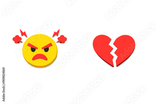 This 3D illustration features a yellow angry face emoji with red steam and a broken red heart on a black background. It symbolizes the emotional pain of a breakup and frustration.