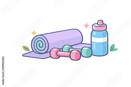 A flat illustration of fitness equipment including a rolled purple yoga mat, a pair of colorful dumbbells, and a blue water bottle, set against a black background with stars.