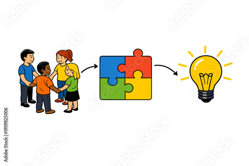 An illustration depicting teamwork where a group of people holding hands leads to a solved puzzle and a glowing light bulb, symbolizing collaboration and creative problem solving.