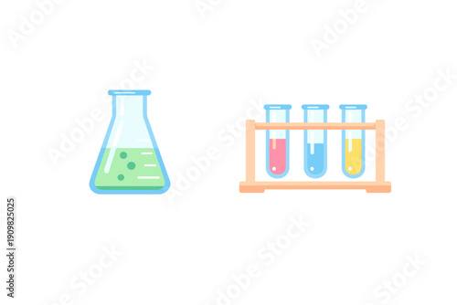 A flat illustration of laboratory glassware including a conical flask with green liquid and a wooden rack holding three test tubes with pink, blue, and yellow fluids.
