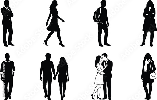 Vector silhouettes of business people, casual men and women, walking, standing, thinking, and couples holding hands or embracing