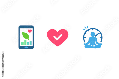A set of three icons on a black background depicting a mobile health app with a leaf and chart, a pink heart with a checkmark, and a blue figure in a meditation pose with a timer.