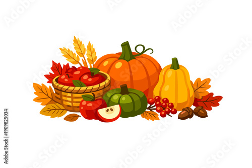 A vibrant autumn harvest illustration featuring pumpkins, a basket of red apples, wheat stalks, and colorful fall leaves. This seasonal composition celebrates the abundance of nature's bounty.