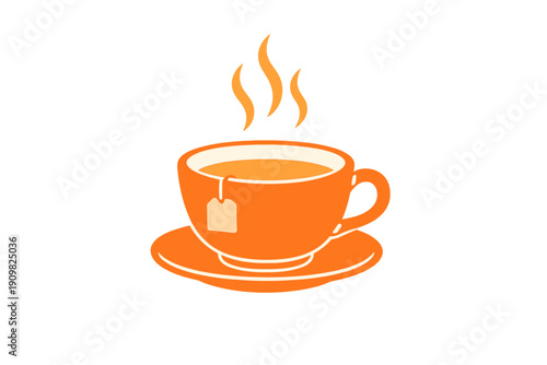 A minimalist orange illustration of a hot cup of tea sitting on a saucer with a tea bag tag. Three wavy lines rise from the liquid to represent steam against a dark background.