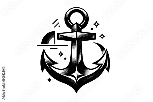 A minimalist graphic illustration depicts a white anchor with detailed stippled shading against a black backdrop. Small star sparkles accent the nautical symbol.