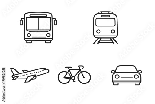 A collection of five minimalist line icons representing various modes of transportation including a bus, train, airplane, bicycle, and car, set against a dark background with dotted lines.