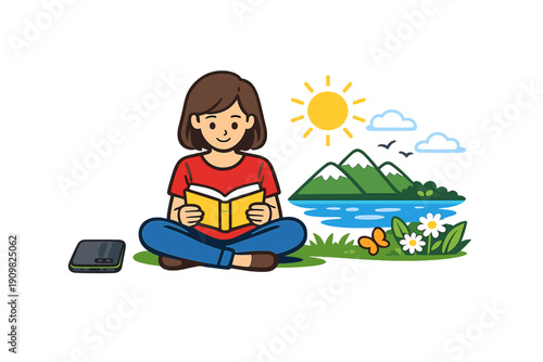 A young girl sits cross-legged on green grass reading a book in a peaceful outdoor setting. The scene includes mountains, a lake, a bright sun, and blooming flowers.