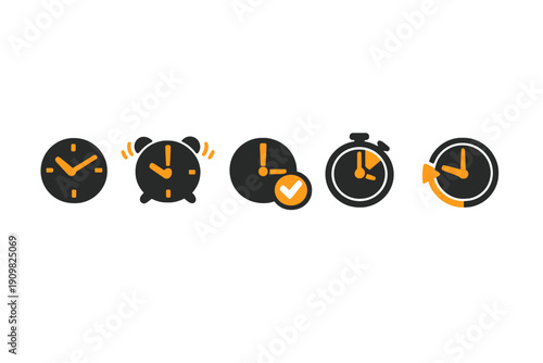 A set of five minimalist time-related icons featuring a clock, ringing alarm, completed task clock, stopwatch, and history symbol in black and orange on a dark background.