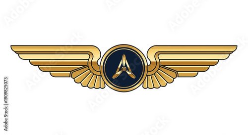 Prestigious golden aviator wings badge with a prominent 'A' insignia, ideal for corporate branding, achievement awards, or luxurious travel industry logos