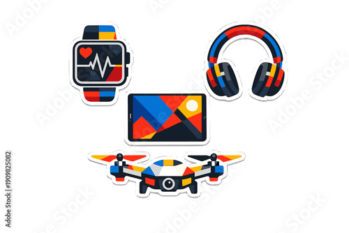 A collection of four colorful electronic gadget stickers including a smartwatch, headphones, a tablet, and a drone, featuring geometric patterns on a solid black background.