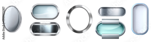 Wallpaper Mural Set of sleek futuristic silver and glass frame templates, featuring oval and circular shapes with realistic reflections for modern digital interfaces and architectural signage Torontodigital.ca