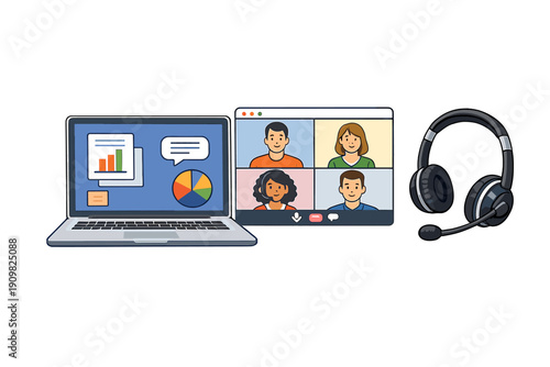 A laptop with data charts sits beside a video call interface featuring four people and a headset with a microphone, all set against a plain black background.