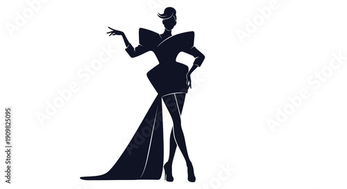 Fashionable woman's silhouette in an elegant, dramatic dress with a long train, symbolizing modern glamour and sophisticated style