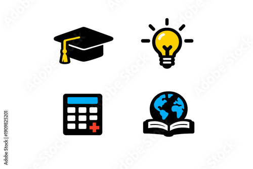 Four colorful educational icons including a graduation cap, a glowing light bulb, a calculator, and a globe over an open book are displayed on a solid black background.