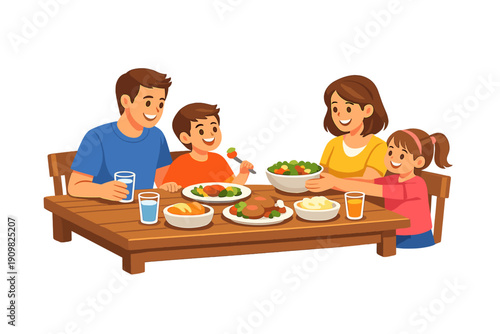A happy family of four, including a father, mother, son, and daughter, sits together at a wooden dining table enjoying a healthy meal with salad, bread, and drinks in a cartoon illustration.