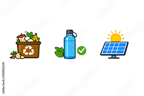 Three colorful icons on a black background represent eco-friendly practices, featuring a compost bin with food waste, a reusable water bottle, and a solar panel under a bright sun.