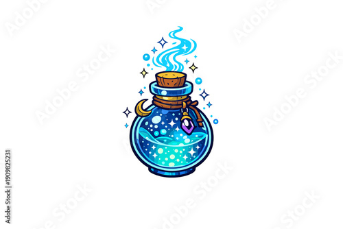 A glowing blue potion bottle with a cork stopper and a purple gem charm sits against a black background. Magical blue vapor and stars rise from the sparkling liquid inside.