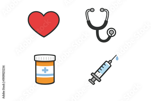 A collection of four medical icons including a red heart, a stethoscope, an orange medicine bottle with a cross, and a syringe with a droplet, all set against a black background.