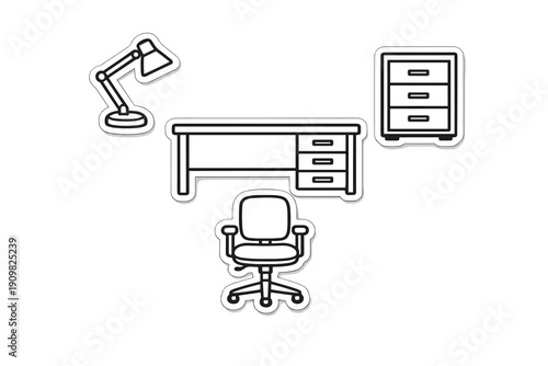 A collection of white line art icons representing office furniture, including a desk, an ergonomic chair, a desk lamp, and a filing cabinet, set against a solid black background.