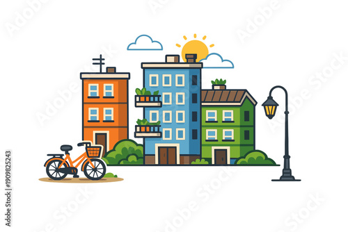A flat vector illustration of a colorful city street featuring orange, blue, and green buildings, a bicycle with a basket, a street lamp, and a bright sun with clouds in the sky.