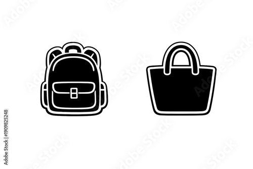 Two white line-art icons representing a backpack and a tote bag are centered on a solid black background. The minimalist design features simple outlines of common travel and shopping bags.