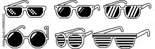 Retro pixel sunglasses set, vintage eyewear vector icons collection, black and white pixel art glasses, fashion accessory silhouettes isolated background