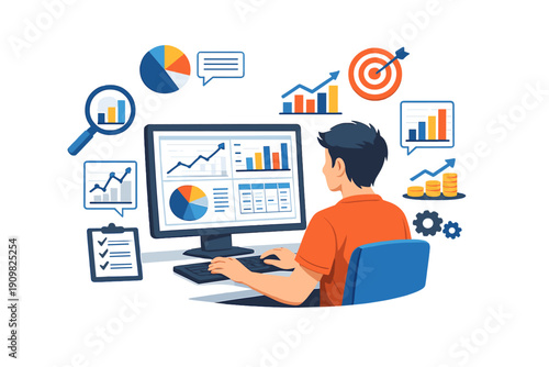 A man in an orange shirt sits at a desk using a computer to analyze various business data charts and graphs. The illustration features floating icons representing financial growth and statistics.